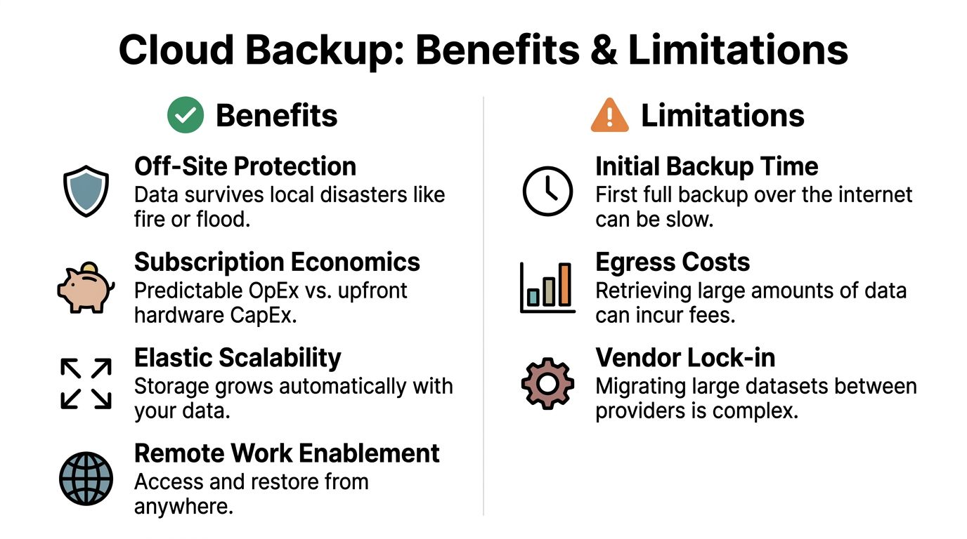 A comparison table outlining the key benefits and potential limitations of using cloud backup for data storage.
