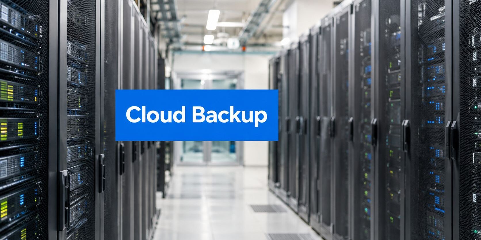 Data center corridor with rows of server racks and a blue sign reading 'Cloud Backup' across the aisle.