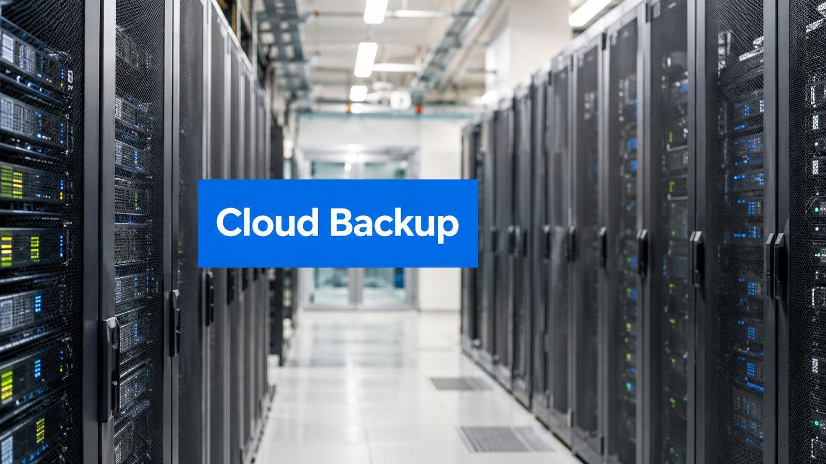 Data center corridor with rows of server racks and a blue sign reading 'Cloud Backup' across the aisle.
