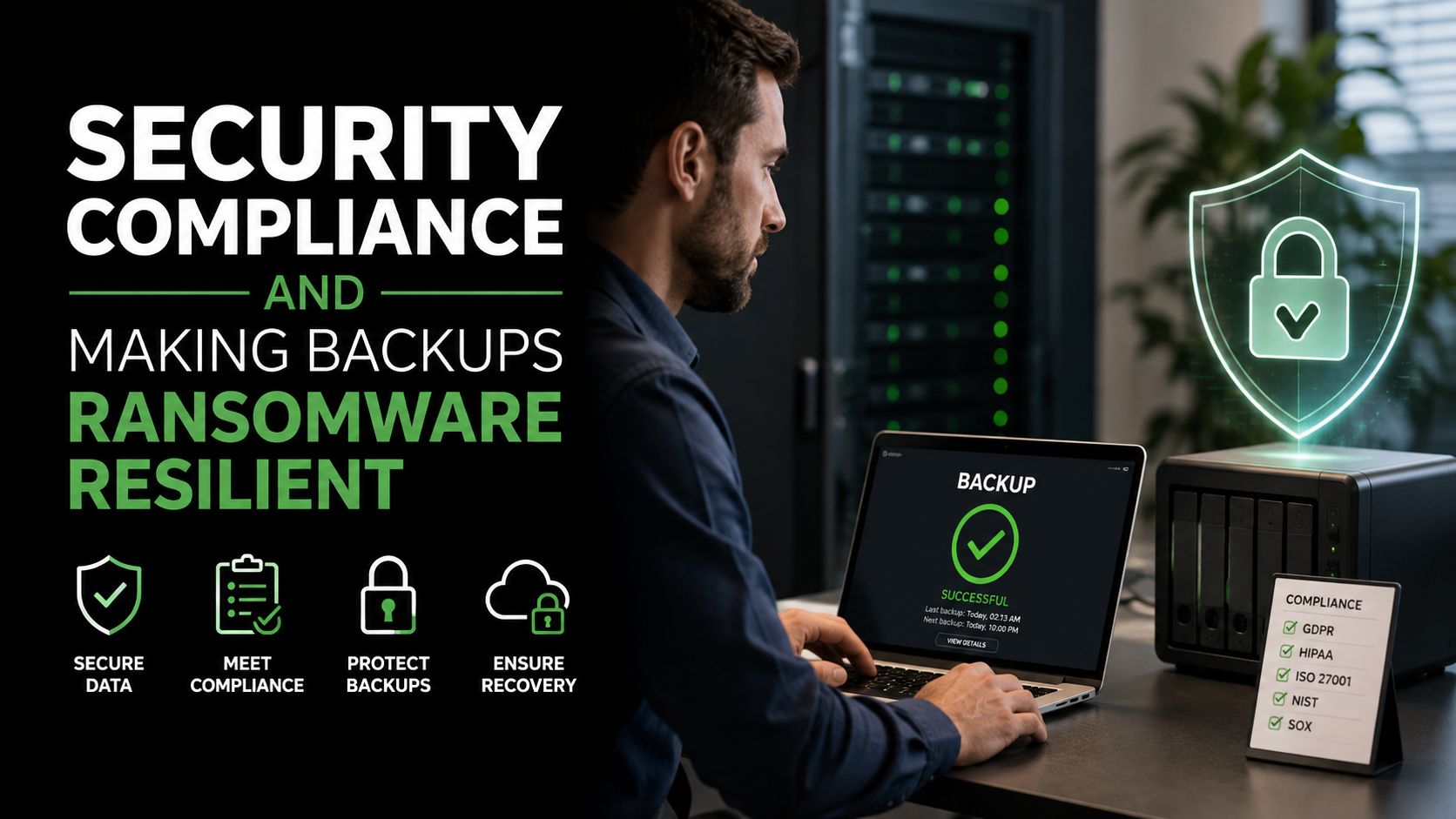 A professional working on a laptop with backup software and compliance documentation in a server room.