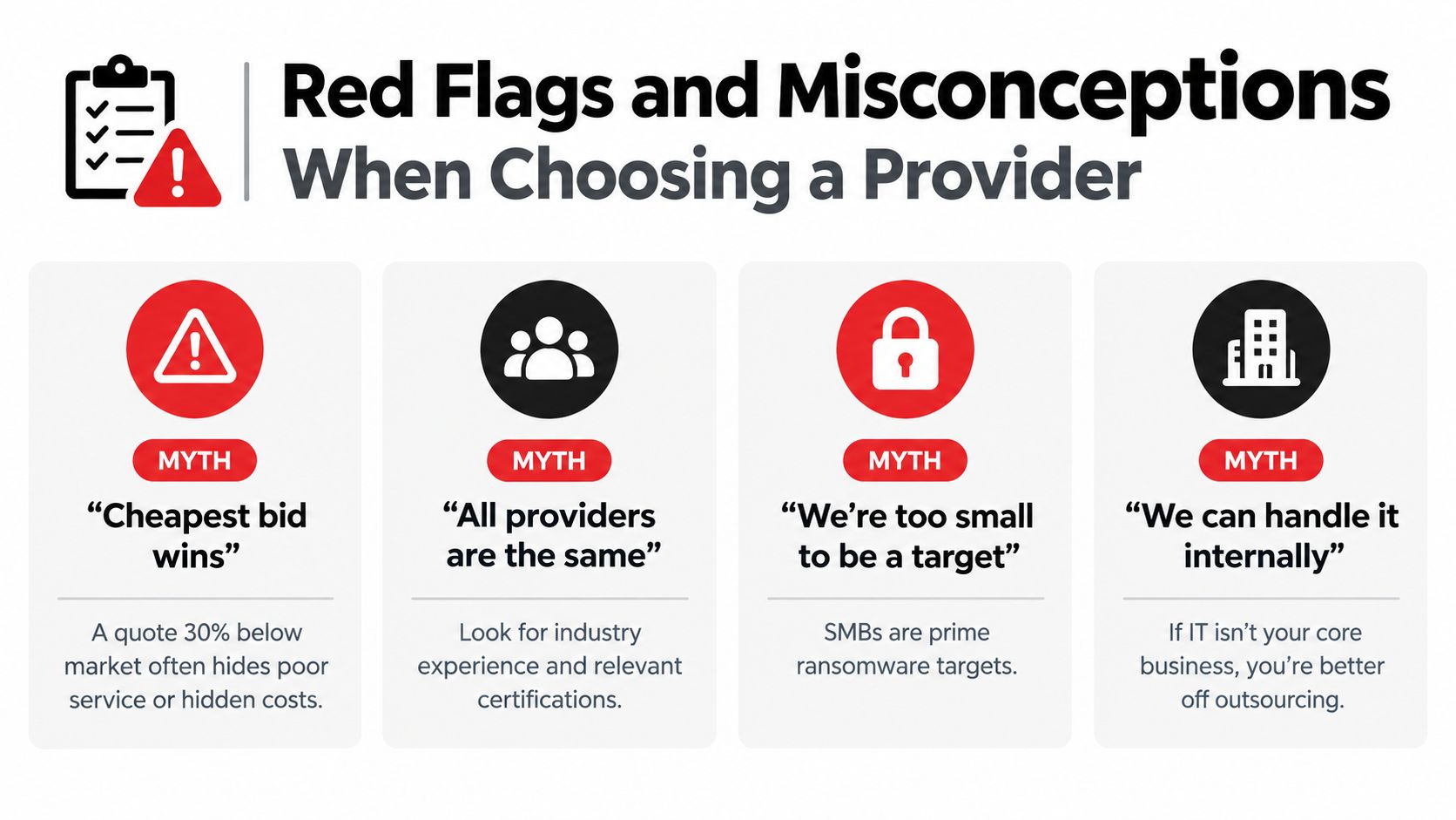 A graphic highlighting four common myths and red flags to avoid when choosing an IT service provider.