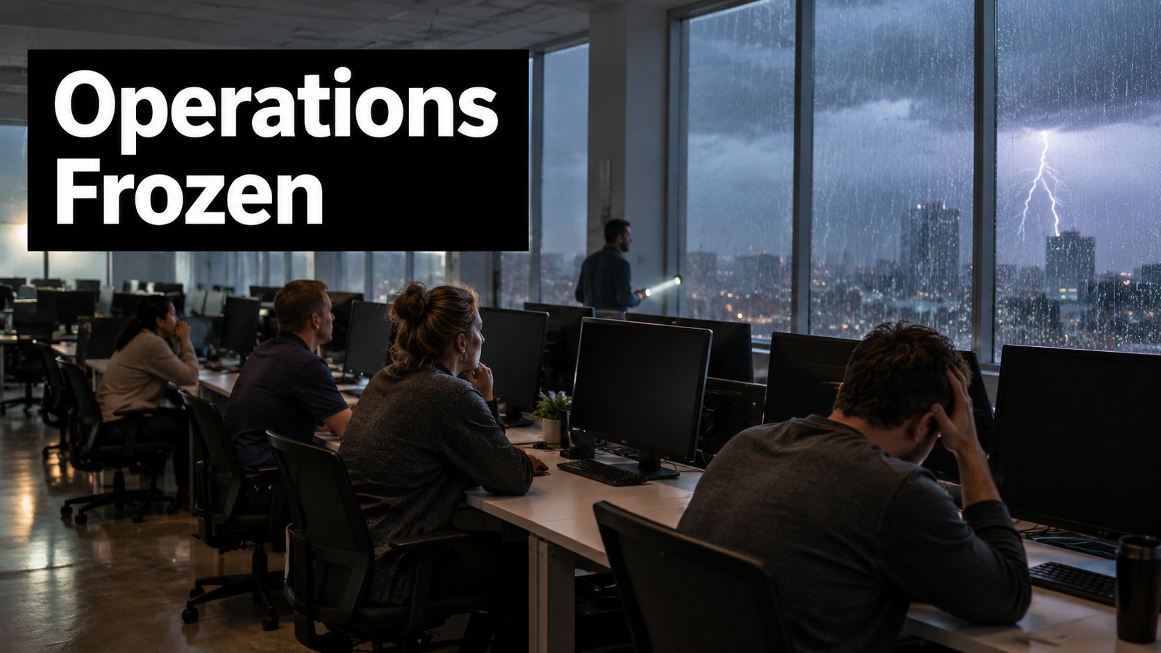 Employees sitting at office desks appearing stressed during a heavy thunderstorm viewed through large office windows.