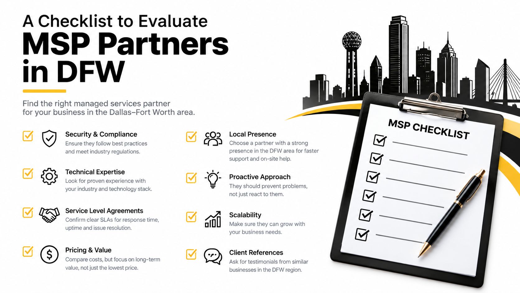 A checklist for businesses to evaluate Managed Service Providers in the Dallas-Fort Worth area, highlighting key criteria.