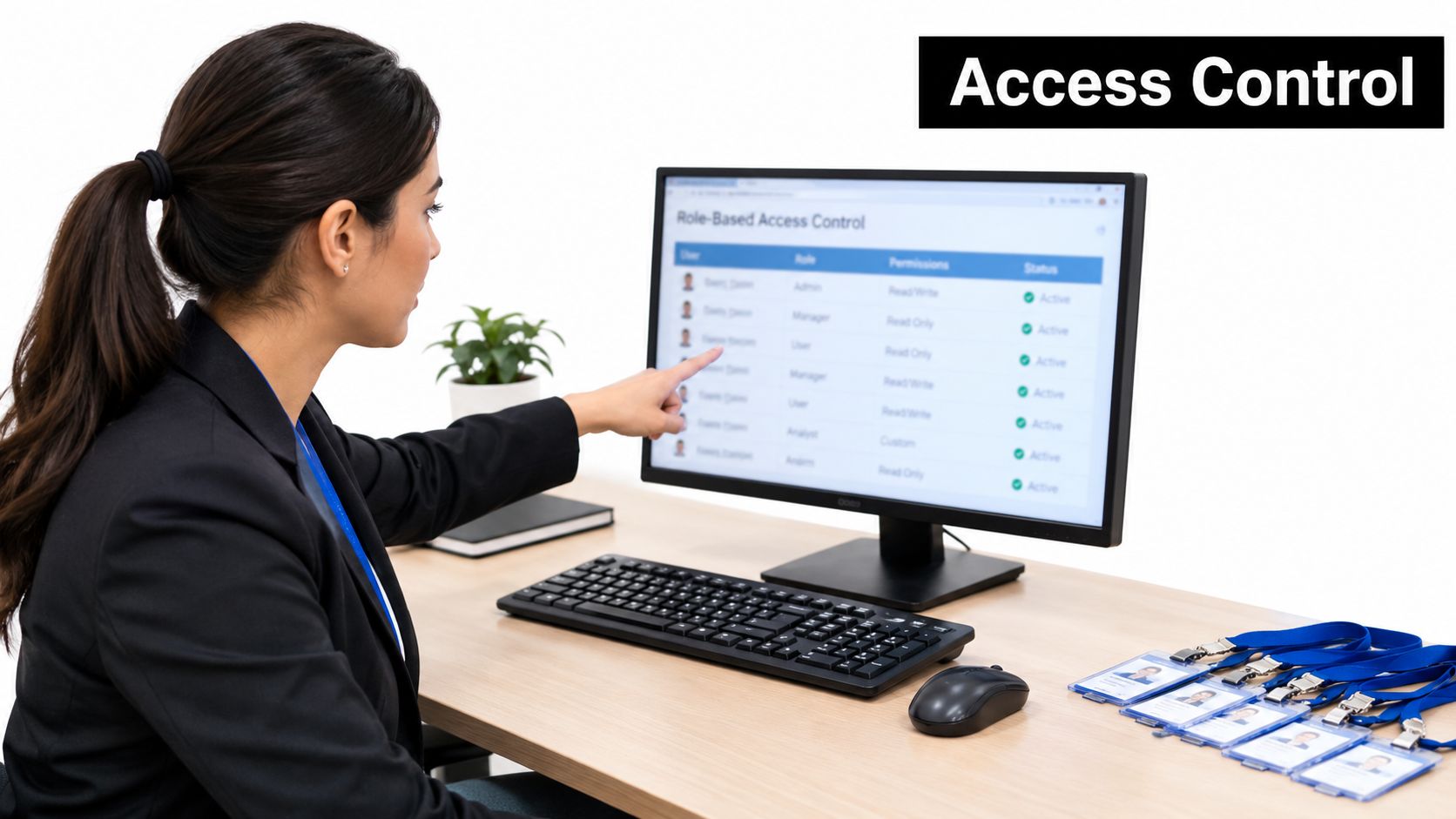 A professional woman in a suit pointing at a computer screen displaying a role-based access control list.