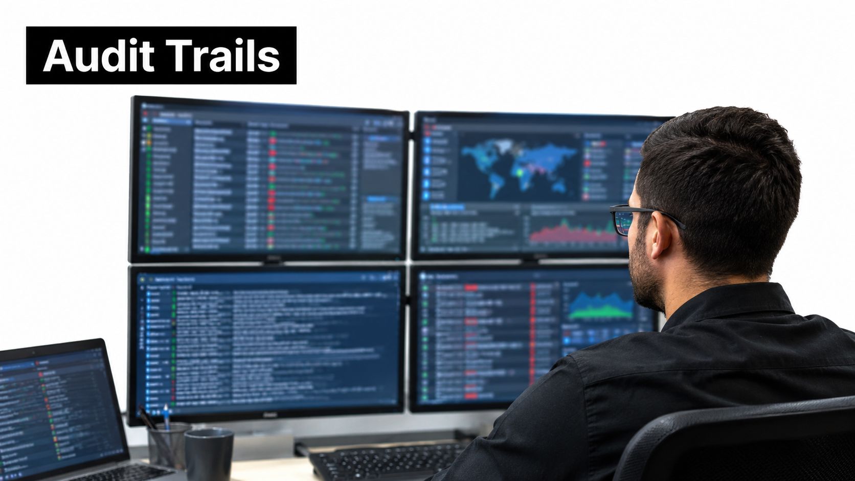 A professional IT worker sitting at a desk viewing multiple computer screens displaying complex data audit trails.