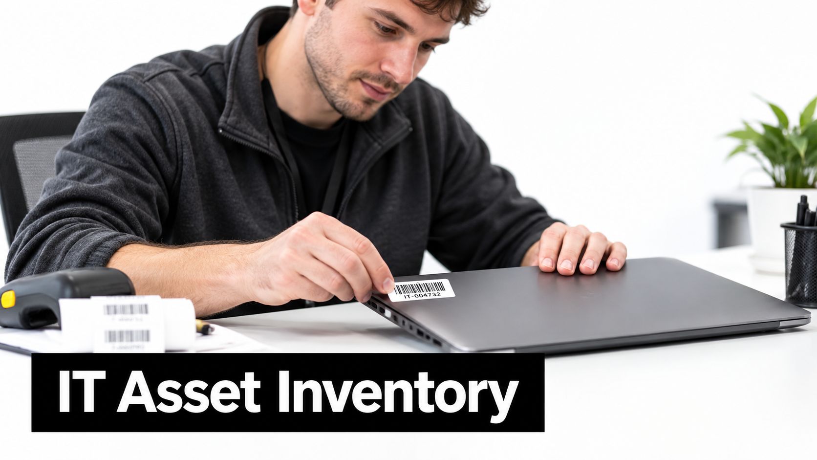 A technician carefully applying an IT asset inventory barcode label onto the lid of a gray laptop.