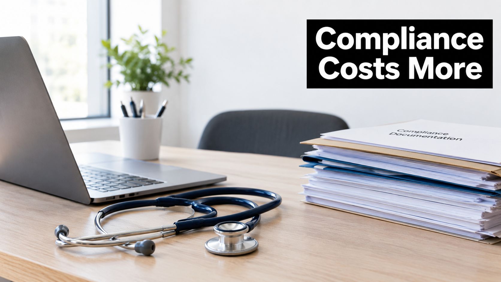 A doctor's desk featuring a laptop, a stethoscope, and a large stack of compliance documentation paperwork.