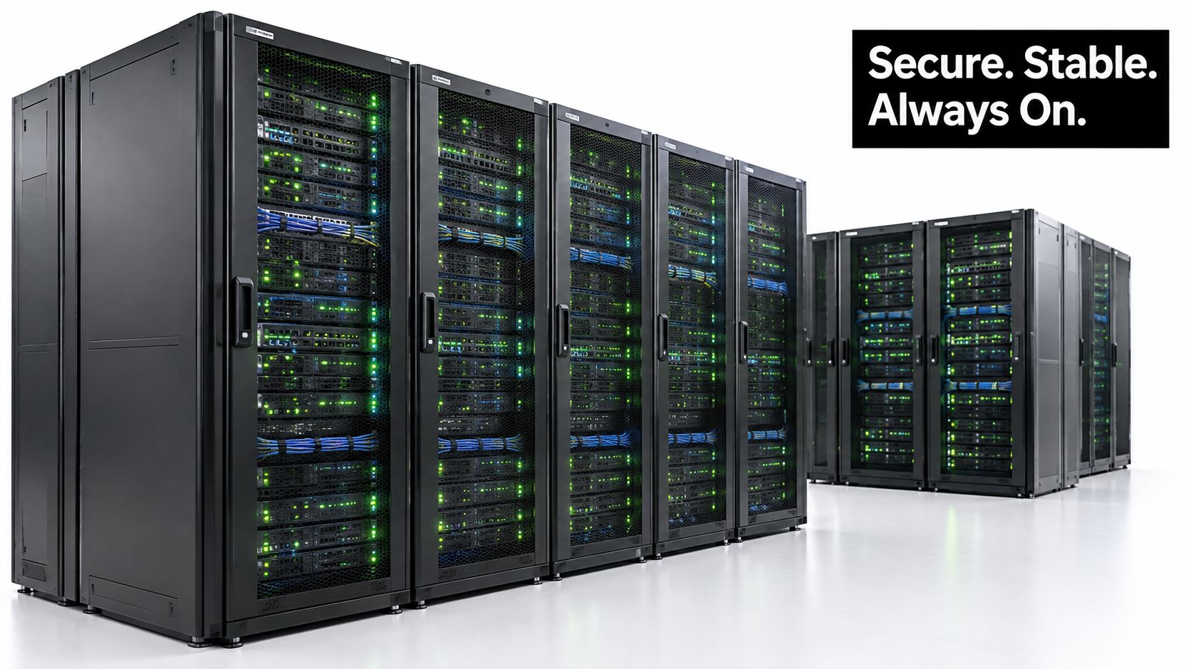 A row of black server cabinets with glowing green status lights inside a modern data center environment.