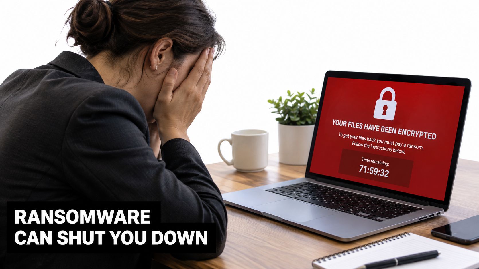 A distressed woman in business attire sits at her desk staring at a ransomware screen on her laptop.