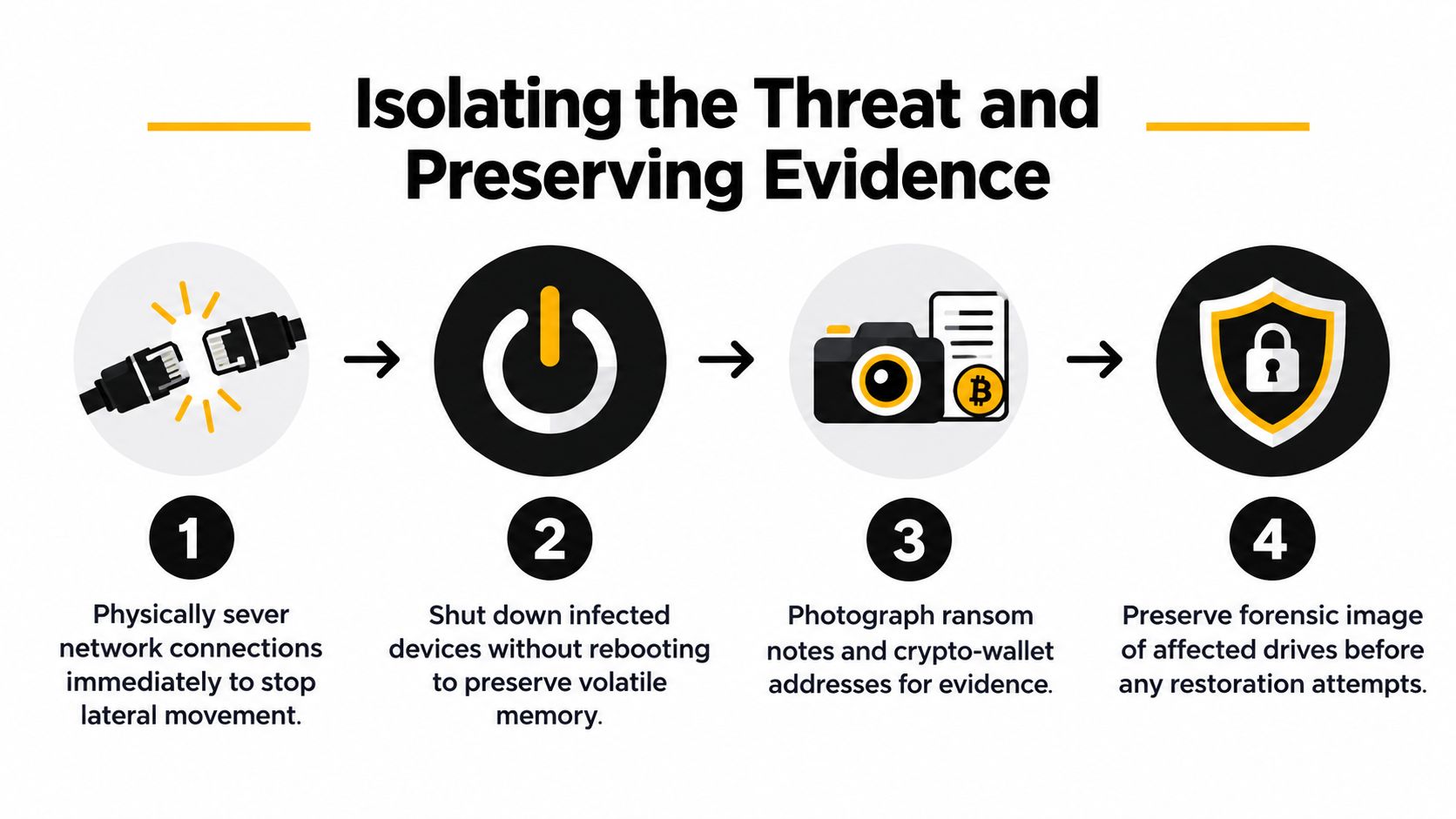 A four-step infographic showing how to isolate a ransomware threat and preserve evidence for digital forensics.
